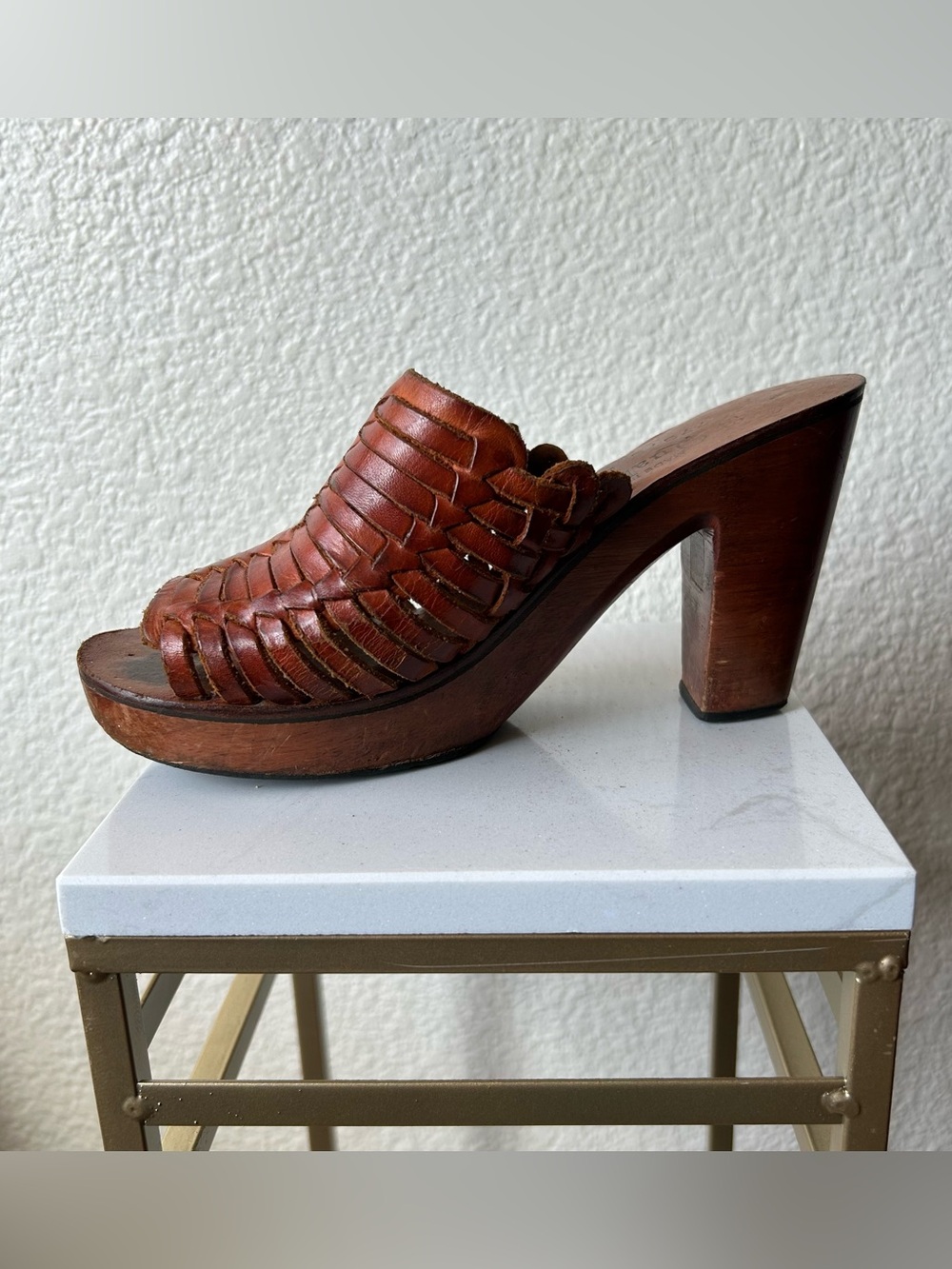 QuailCraft Brown Woven Leather Platform Mule Heels 5B